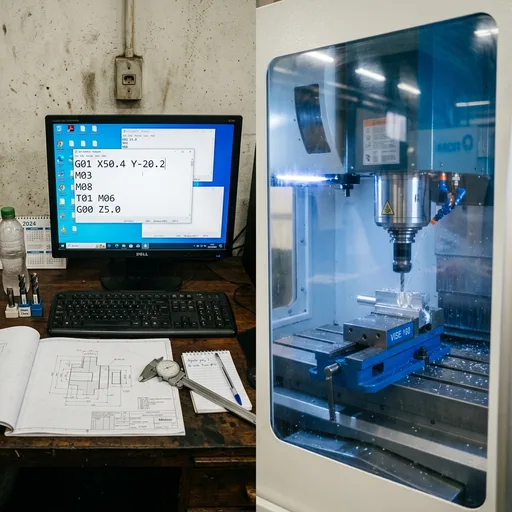 Bancada de fábrica com G-code no monitor ao lado de uma fresadora CNC