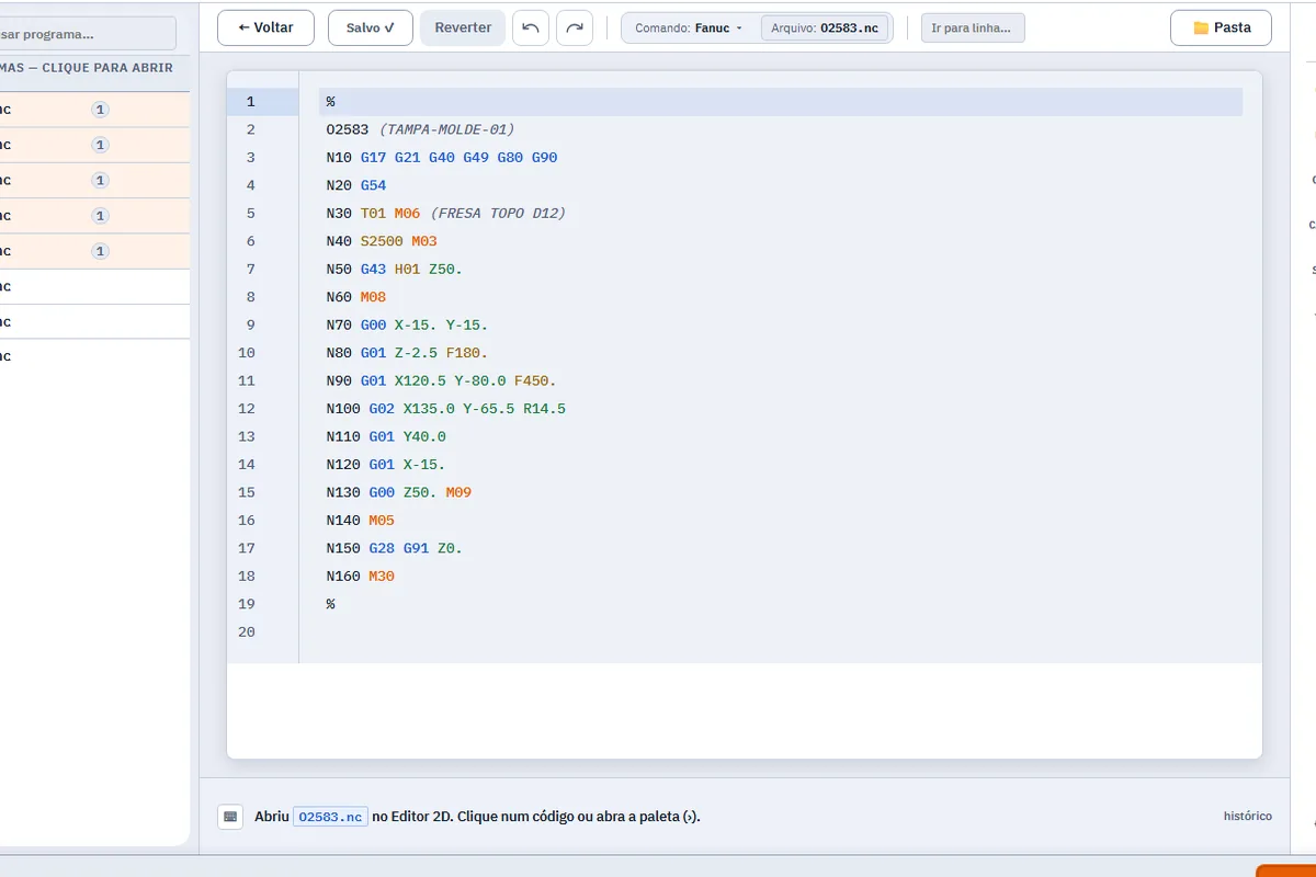 Editor CNC integrado no FlowNC com realce de sintaxe colorido para G-code