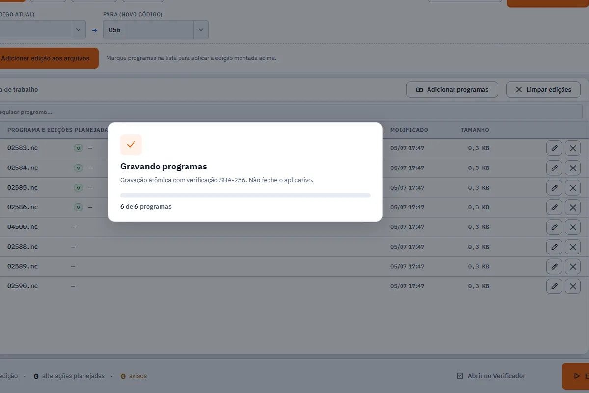 Relatório de auditoria e modal de sucesso confirmando as edições no FlowNC