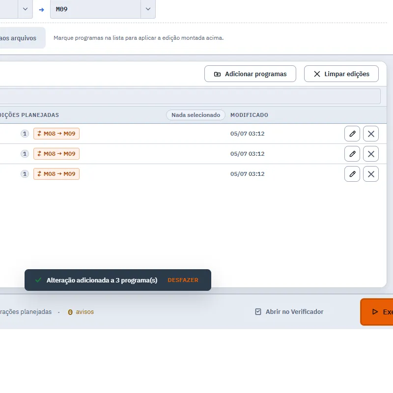 Compositor do FlowNC mostrando a troca de M08 para M07 e chips de alteração aplicados nos arquivos